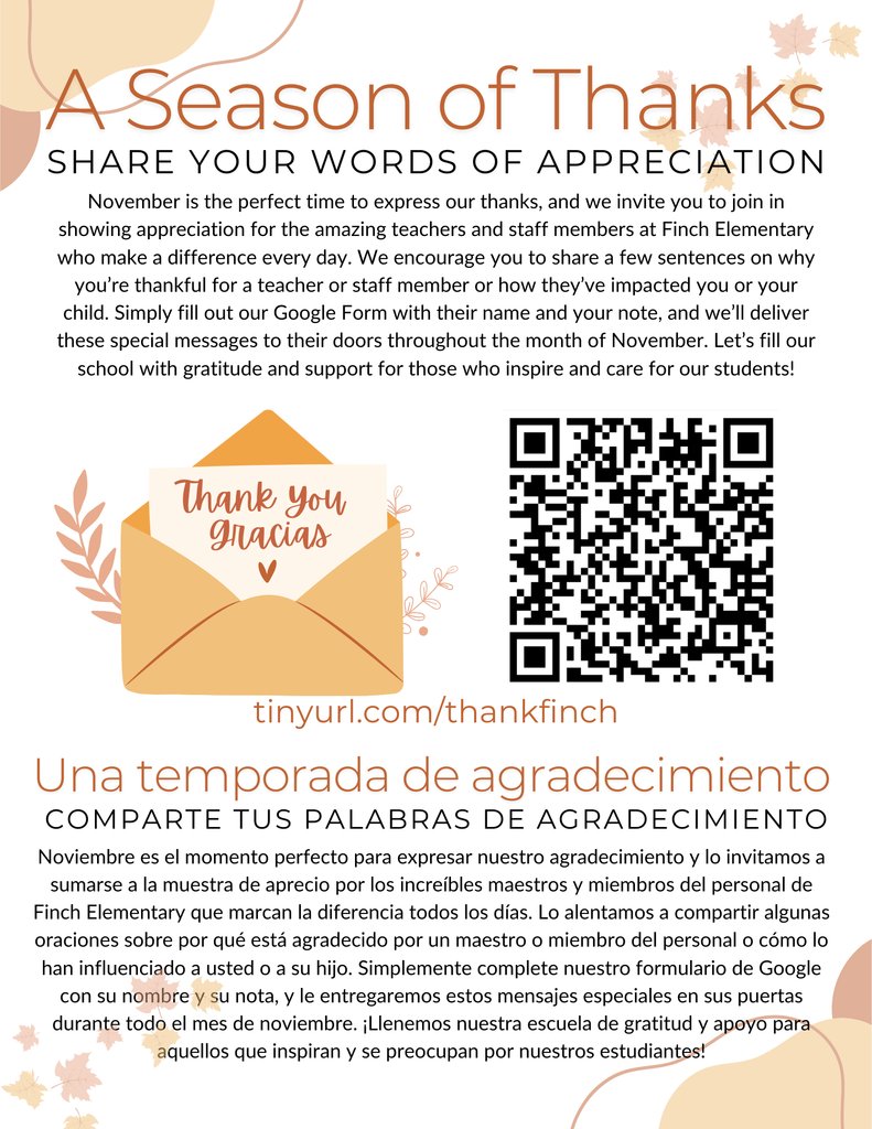 Share a few words of thanks for a teacher or staff member at Finch who has made a difference for you or your child. We'll print and place your note on their door as a reminder of your appreciation this November!   tinyurl.com/thankfinch
#FinchFalcons #WeAreMcKinney
