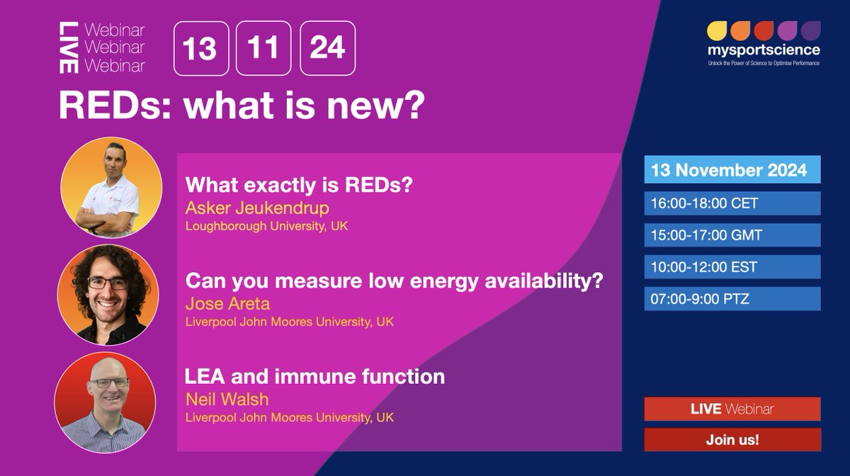 Asker Jeukendrup (@jeukendrup) on Twitter photo Upcoming live webinar on "REDs: what is new?" In this webinar, <a href="/jlAreta/">José L Areta</a>, <a href="/ProfNeilWalsh/">Neil Peter Walsh</a>, and I will explore REDs as a model. We will challenge low energy availability as the sole factor for REDs and discuss alternative explanations.
Secure your space now: bit.ly/MSSAWEB19 Upcoming live webinar on "REDs: what is new?" In this webinar, <a href="/jlAreta/">José L Areta</a>, <a href="/ProfNeilWalsh/">Neil Peter Walsh</a>, and I will explore REDs as a model. We will challenge low energy availability as the sole factor for REDs and discuss alternative explanations.
Secure your space now: bit.ly/MSSAWEB19
