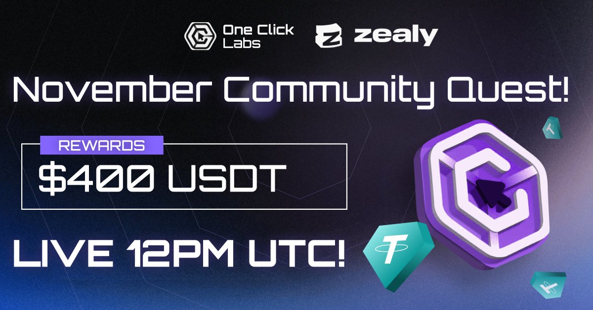 OneClickFi's tweet image. Exciting news for our One Click community!

We're back with an epic @zealy_io November Community Quest with a $400 $USDT reward pool!

&amp;gt; Top 20 earners get $20 $USDT!

Every point counts towards our future #airdrop 👀.

&amp;gt; Join our Zealy - zealy.io/c/oneclickfi/q…