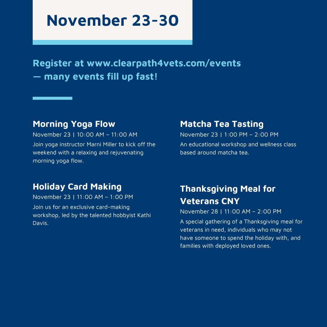 Check out all of our events happening this November! 🍂

To register for these events, visit our website at: clearpath4vets.com/events, or call our front desk at 315.687.3300

#UpcomingEvents #NovemberEvents #ClearPathForVeterans