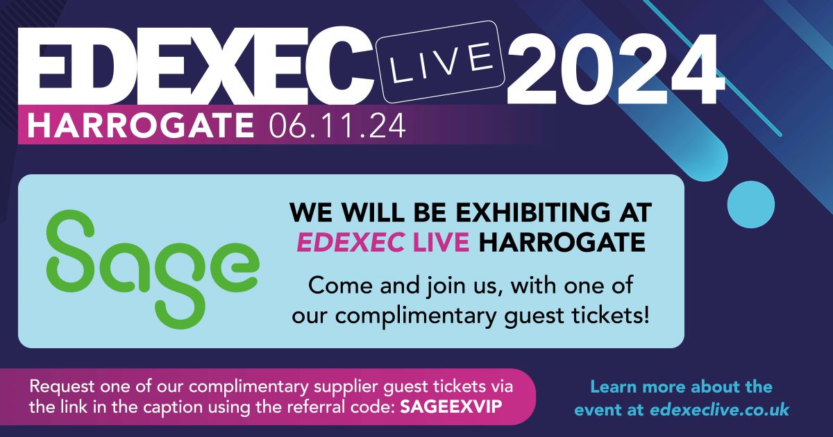 🌟 Join us at EdExec Live in Harrogate on November 6th!

Visit us at Stand 17 to discuss how we can support you and your school.

Limited FREE delegate places available with referral code SAGEEXVIP.
Register here: 1sa.ge/EqKS50TXVbg