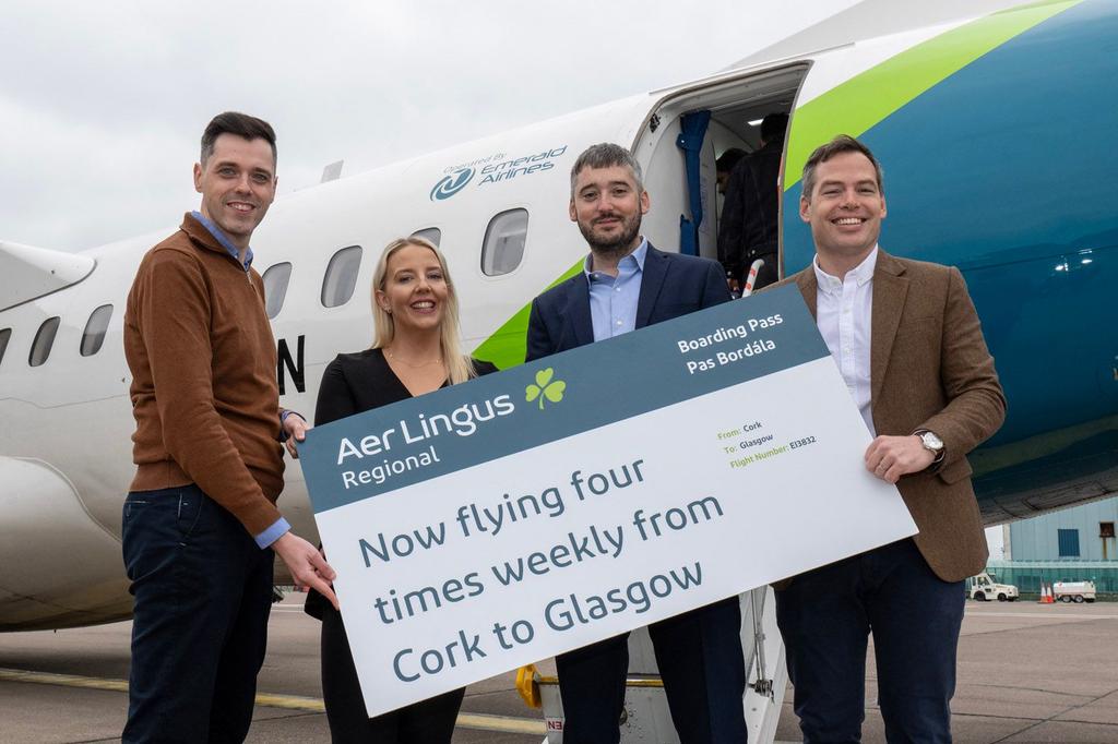 CorkAirport's tweet photo. ORK 🇮🇪 ➡️ GLA 🏴󠁧󠁢󠁳󠁣󠁴󠁿

Today we celebrated the start of our newest route - @AerLingus Regional to @GLA_Airport!

Operated by Emerald Airlines, Aer Lingus Regional will fly to Glasgow on Mon, Thu, Fri and Sun.

Book now on https://t.co/OlrBUiZFfy or with your local travel agent! ☘️ https://t.co/xQA4uVFEKZ
