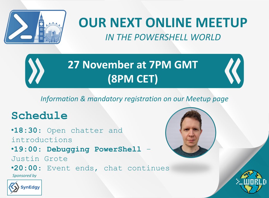 London PowerShell UG (@lonpsug) on Twitter photo 👩💻 #PowerShell Online Meetup incoming!
Join us on 27th November at 7PM GMT (8PM CET) for <a href="/JustinWGrote/">Justin Grote</a>’s expert talk on debugging PowerShell scripts!
📅 Save the date & sign up: meetup.com/powershell-lon…
#debugging #script #automation 👩💻 #PowerShell Online Meetup incoming!
Join us on 27th November at 7PM GMT (8PM CET) for <a href="/JustinWGrote/">Justin Grote</a>’s expert talk on debugging PowerShell scripts!
📅 Save the date & sign up: meetup.com/powershell-lon…
#debugging #script #automation