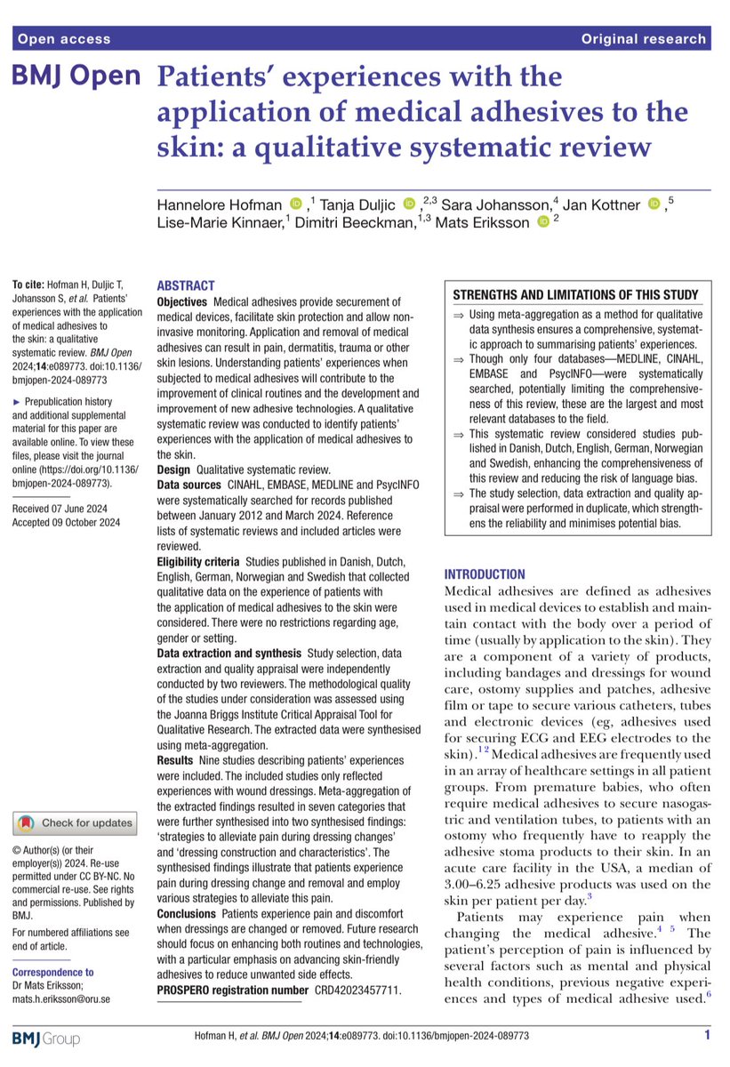 Congrats to Hannelore Hofman and Tanja Duljic with the publication of their first PhD paper! This Sweden-Belgium-Germany partnership highlights patients’ experiences with medical adhesives, emphasizing the need for skin-friendly technologies. Read more: shorturl.at/Mrg0Z