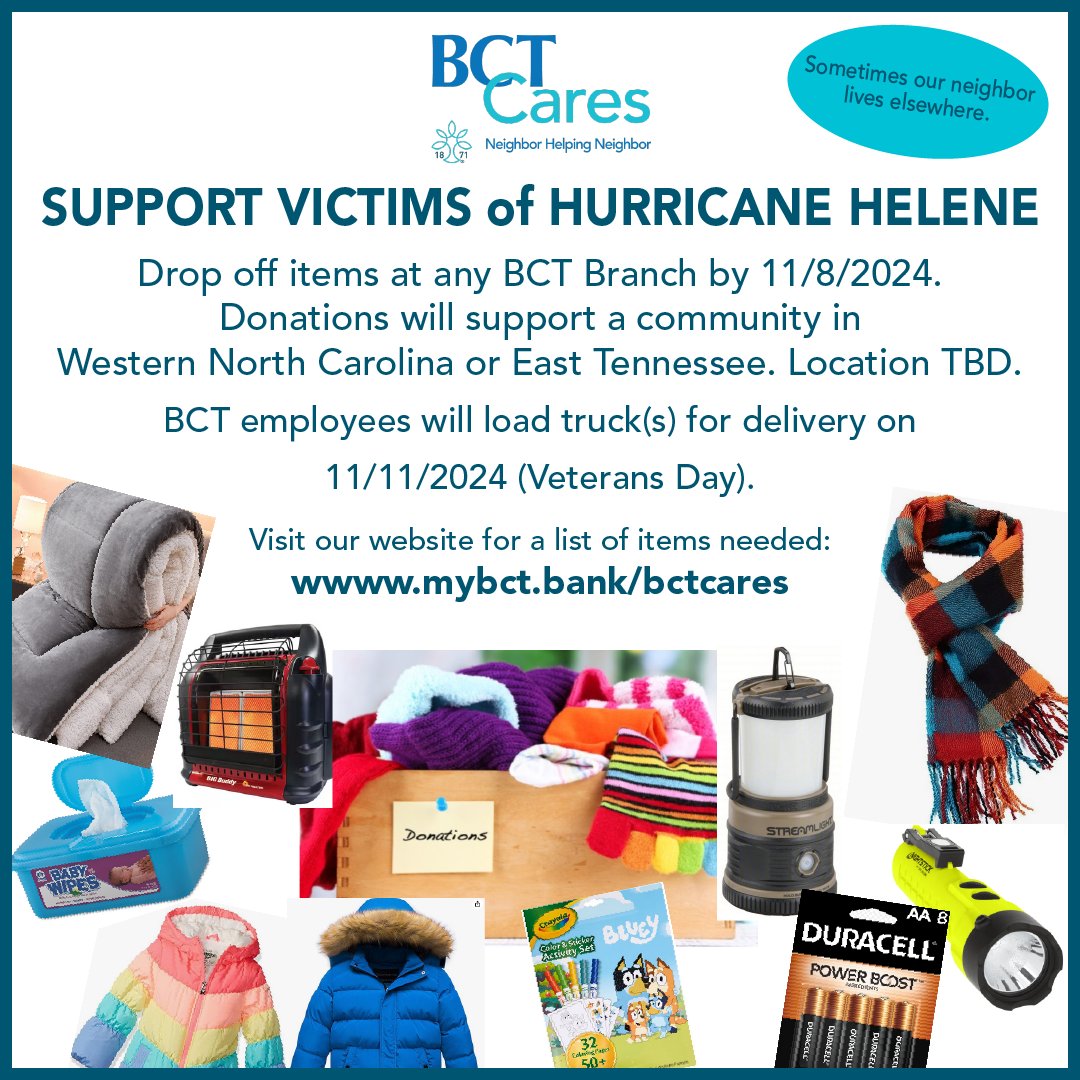 Potomac_Bank's tweet image. Support Flood Victims in WNC or East TN by donating items at any BCT Branch by November 8th.  A list of items is on our website:  mybct.bank/bctcares/   BCT employees will load trucks with your donations on Veterans Day.  Sometimes our neighbors live elsewhere!
#BCTCommunity