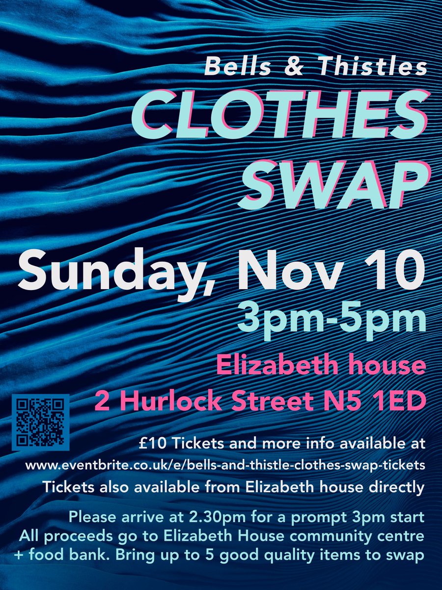 Swap your style at our Clothes Swap event on Sunday 10th November 3pm. 
Bring up to 5 quality items and pick up new ones. 
Enjoy a raffle and a free drink—all for a £10 ticket via Eventbrite (QR code) 
Proceeds go to Elizabeth House. 
Don't miss out! #ClothesSwap #CharityEvent