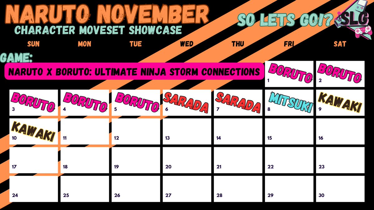 SooLetsGoo's tweet photo. TODAY MARKS THE FIRST DAY OF-

SLG’s
NARUTO NOVEMBER!

Here is the Schedule so far!
You’ll have to wait and see WHICH versions of each character on their release day

#SOLETSGO
#SLGSchedule 
#Naruto #NarutoShippuden #Boruto
#NinjaStorm #UltimateNinjaStorm https://t.co/n02EQApZcu