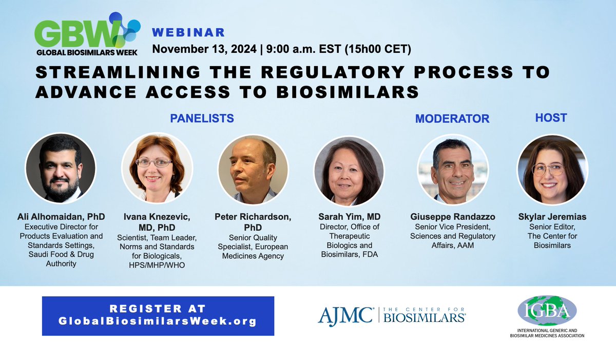 BiosimsCouncil's tweet photo. Join us for a special webinar on November 13th, presented by the International Generic and Biosimilar Medicines Association and hosted by @BiosimCenter - a media partner for #GlobalBiosimilarsWeek #GBW2024.

With an effort to highlight the importance of collaboration among #healthcareprofessionals, #patients, #stakeholders, and #policymakers, the webinar will focus on #Streamlining Regulatory Requirements to advance #AccessToBiosimilars.

Register at: https://t.co/YdazknDNLP

@AccessibleMeds