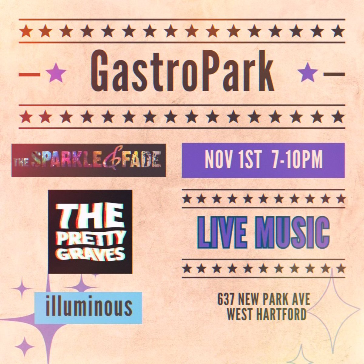 The Sparkle and Fade (@thesparkle_fade) on Twitter photo TONIGHT IS THE NIGHT!!! (11/1)
Come on out and do something a little different with your Friday night! @illuminousct @the_pretty_graves and us will be playing at the GastroPark ( @thegastropark ) in West Hartford from 7-10. The rumor is we'll be playing outside too! TONIGHT IS THE NIGHT!!! (11/1)
Come on out and do something a little different with your Friday night! @illuminousct @the_pretty_graves and us will be playing at the GastroPark ( @thegastropark ) in West Hartford from 7-10. The rumor is we'll be playing outside too!