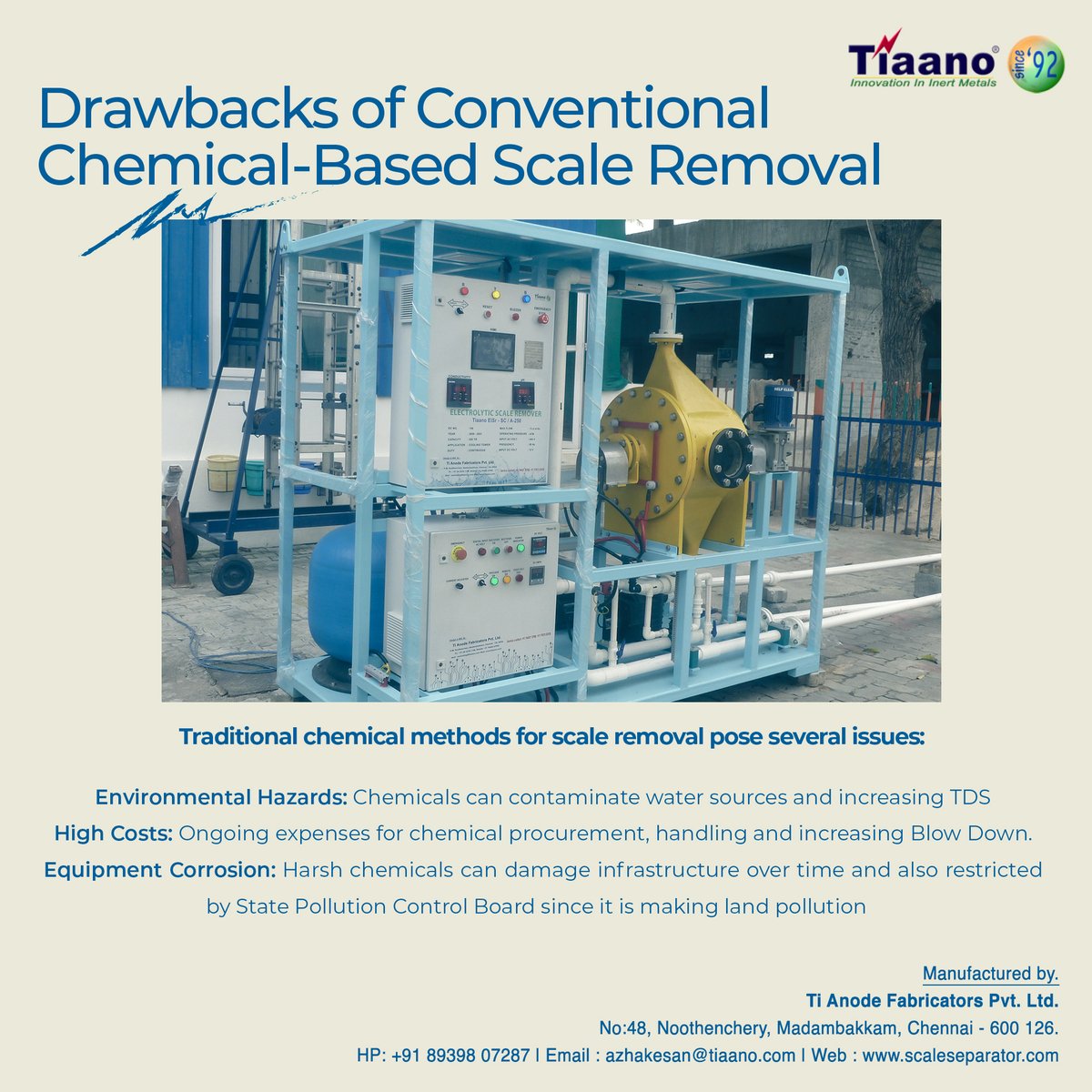 scale_seperator's tweet image. Maximize water treatment efficiency with Tiaano’s advanced Electrolytic Scale Removers. 

#WaterTreatment #Sustainability #Efficiency #EcoFriendly #IndustrialInnovation #ScaleRemover #CostSavings #TiAnodeFabricators #GreenTechnology