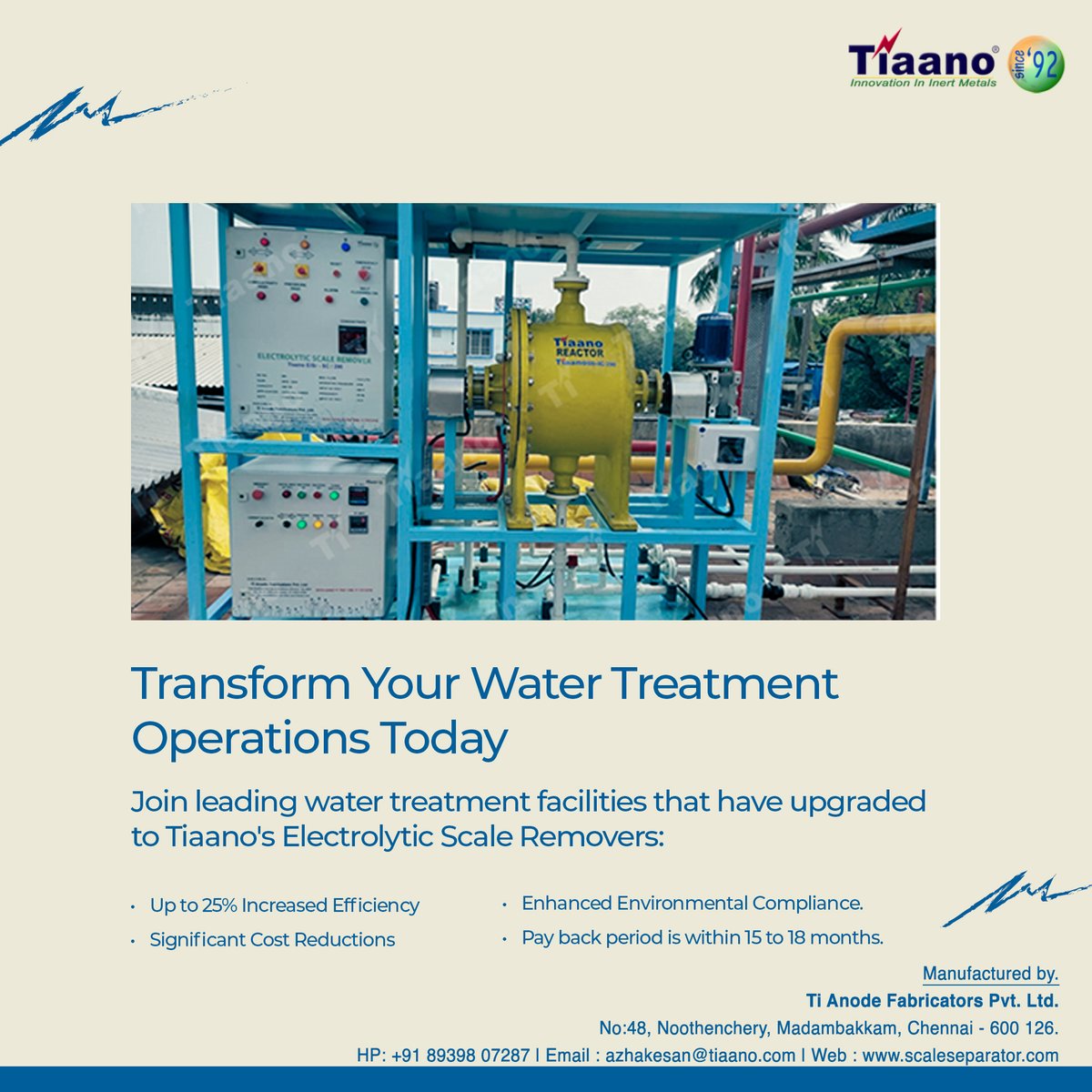 scale_seperator's tweet image. Maximize water treatment efficiency with Tiaano’s advanced Electrolytic Scale Removers.

#WaterTreatment #Sustainability #Efficiency #EcoFriendly #IndustrialInnovation #ScaleRemover #CostSavings #TiAnodeFabricators #GreenTechnology