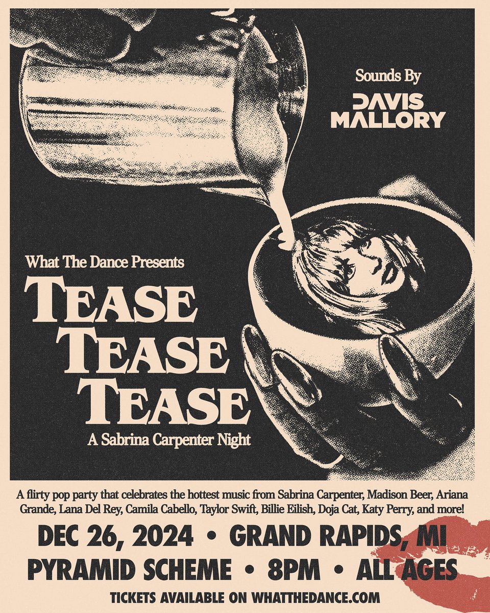 I love the new Sabrina Carpenter album, so I am thrilled to DJ her themed party in Grand Rapids Michigan! 

THAT’S THAT ME ESPRESSO! 
☕ Pyramid Scheme
🤎 Thursday, December 26
💅 8pm
🌹 All ages

GRAND RAPIDS' SWEETEST NIGHT / TIX @ WHATTHEDANCE.COM 🎟