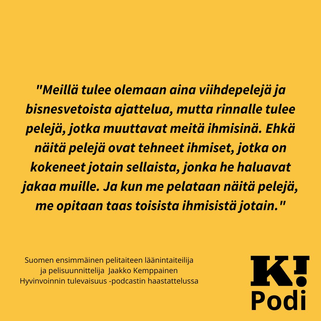 Miltä näyttää #peliala'n tulevaisuus hyvinvoinnin näkökulmasta? Suomen ensimmäinen pelitaiteen läänintaiteilija (Taike 2019–2023) ja pelisuunnittelija Jaakko Kemppainen jakoi ajatuksiaan alan trendeistä Kukunorin podcastissa 🎧kukunori.fi/pelissa-hyvinv…