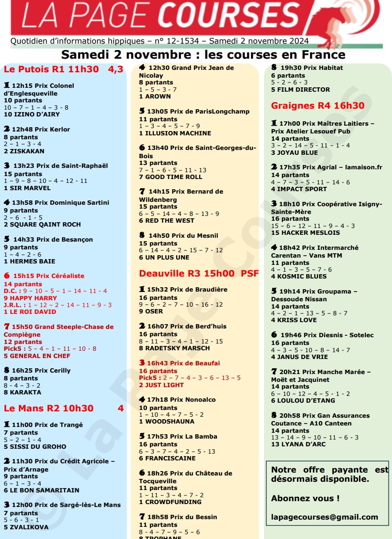 Samedi 2 Novembre 2024.

On saute à Compiègne, avec le Quinté.

On galope au Mans (Gazon) et à Deauville (P.S.F.).

On trotte à Graignes.

Pour tout savoir, cliquez ici :

drive.google.com/file/d/1q4gOMh…