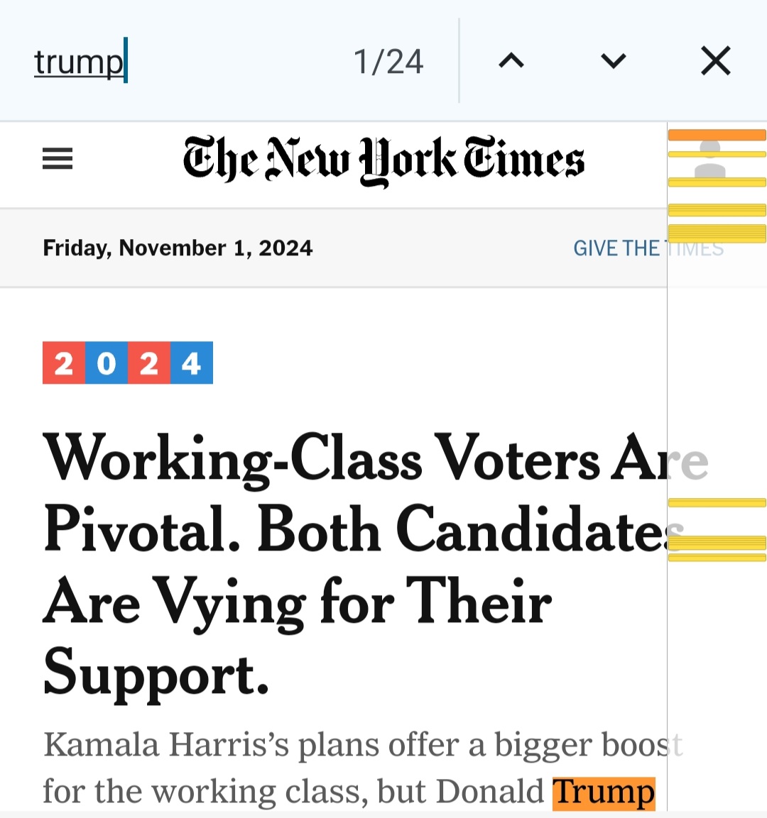 Brooklinevill's tweet photo. Trump: 24. Harris: 8

(# of instances of the words "Trump" &amp; "Harris" on NYT homepage, 11/1 8a, Android/Chrome) https://t.co/kiXLrVmJpy