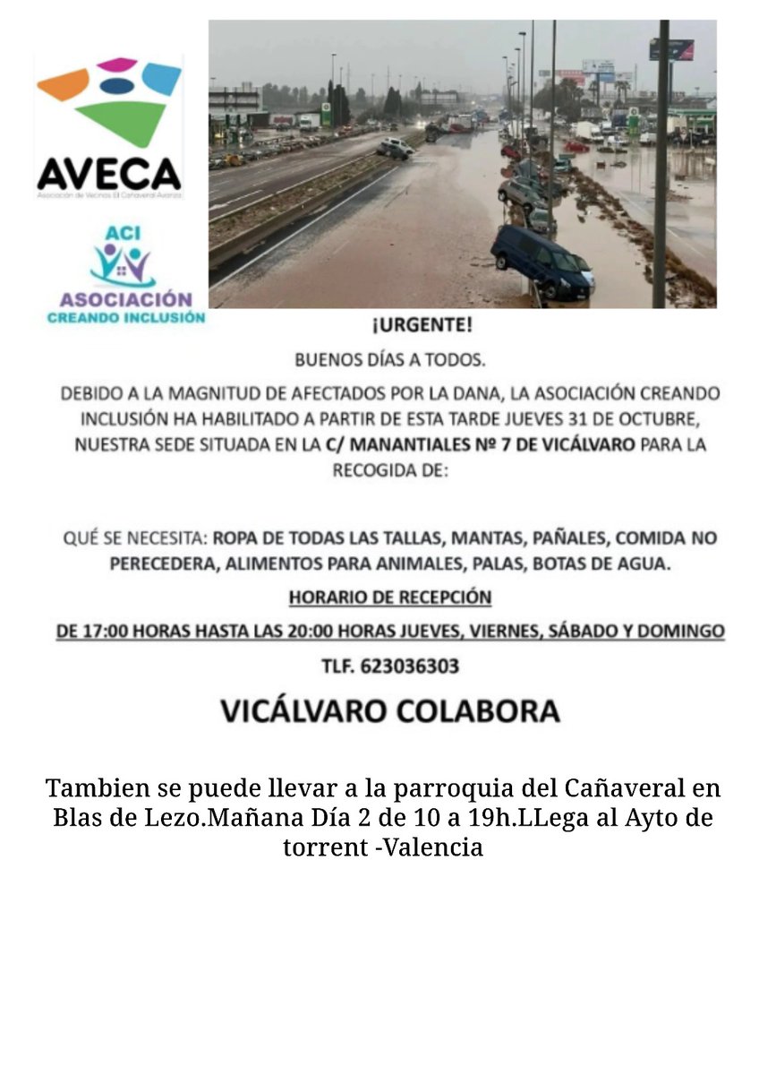 AVECA_Canaveral's tweet photo. Tu ayuda puedes llevarla mañana a la Parroquia de El Cañaveral, donde ACI la recogerá con destino al Ayuntamiento de Torrent @hug0nES @CanaveralUnido @todoVicalvaro ⛑️🆘 🚚 https://t.co/96SnmJqx5n