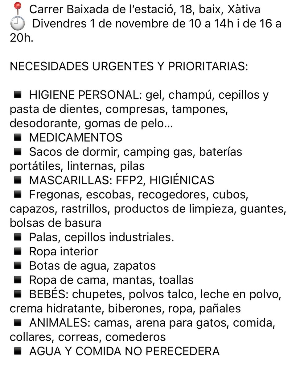𝑨𝒏𝒊𝒆 Things 🦌Ens Falten #228 #MazonAPrision (@hamtesa) on Twitter photo 🚨🚨 La Falla <a href="/Acf_Ferroviaria/">Falla Ferroviaria</a> de Xàtiva està arreplegant estris per als afectats per la DANA.
Ara mateix necessiten menjar, aigua, compreses. Si esteu per la zona i podeu ajudar portant estris o portant material a zones afectades pròximes.Poseu-vos en contacte amb la comissió 🚨🚨 La Falla <a href="/Acf_Ferroviaria/">Falla Ferroviaria</a> de Xàtiva està arreplegant estris per als afectats per la DANA.
Ara mateix necessiten menjar, aigua, compreses. Si esteu per la zona i podeu ajudar portant estris o portant material a zones afectades pròximes.Poseu-vos en contacte amb la comissió