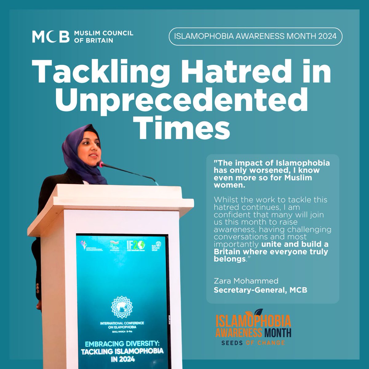 Today marks the start of Islamophobia Awareness Month, a time of increasing hate and particular challenge for British Muslims as we see #islamophobia increasingly normalised.

Tackling it requires a robust response from government and all of society to unite. #IAM202