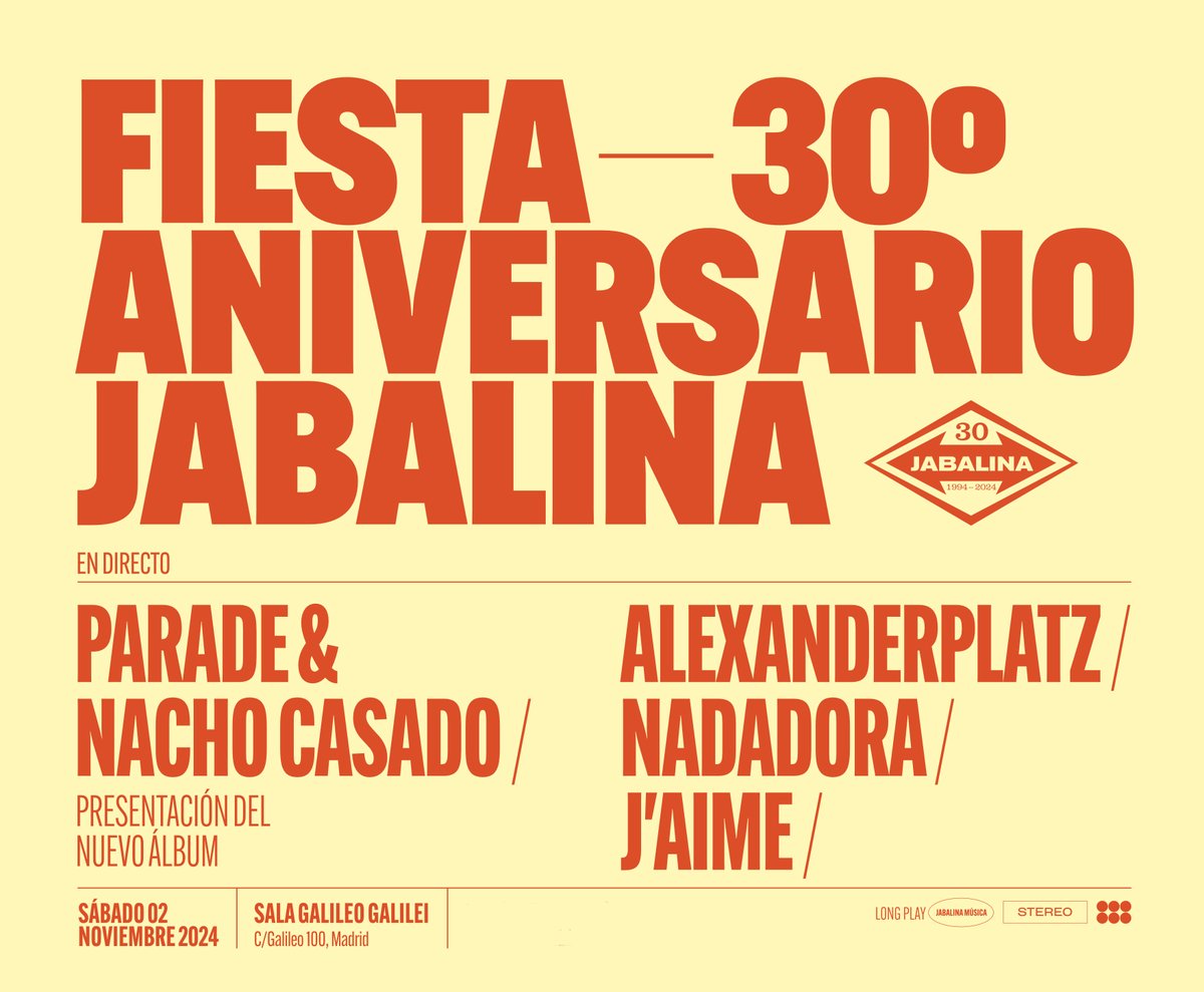 Jabalina Música (@jabalinamusica) on Twitter photo Mañana es el día ¿Estáis preparados? ¡Nosotros sí! Y aún hay entradas anticipadas a la venta. Llegó el momento de celebrar nuestro 30º aniversario como corresponde en la Sala Galileo Galilei a partir de las 20:00 ¡Os esperamos! ❤️
salagalileo.entradas.plus/entradas/es/en…
entradium.com/events/fiesta-… Mañana es el día ¿Estáis preparados? ¡Nosotros sí! Y aún hay entradas anticipadas a la venta. Llegó el momento de celebrar nuestro 30º aniversario como corresponde en la Sala Galileo Galilei a partir de las 20:00 ¡Os esperamos! ❤️
salagalileo.entradas.plus/entradas/es/en…
entradium.com/events/fiesta-…