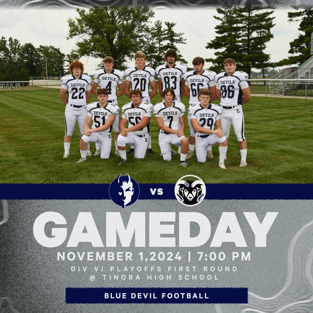 The Blue Devils are making their 18th appearance in school history for the Ohio High School Football Playoffs tonight as they travel to take on the Tinora Rams!
Gametime 7:00 PM
Ticket Gates 5:30 PM
Tickets set by OHSAA $11 A 5$ S
Cash at gate or online at ohsaa.org/tickets