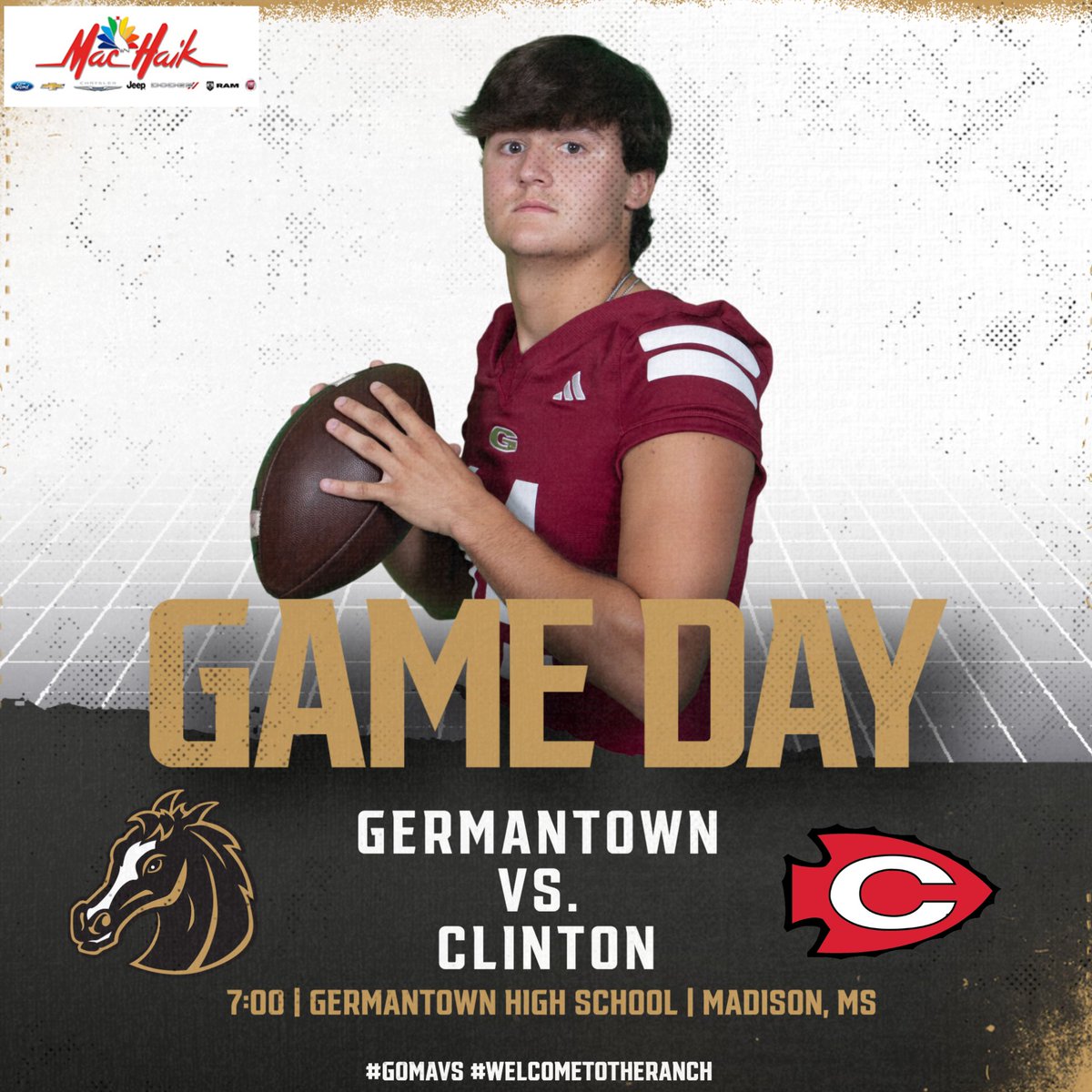 GHSMavericks's tweet photo. 🏈 GAME DAY 🏈  
(Senior Recognition)

🆚 Clinton 
⏰ 7:00 p.m
📍 Maverick Stadium  
🎟️ https://t.co/U24lH8Cq6l 
💻 https://t.co/xCFGZ5ZwxZ 
📻 100.9 FM
#gomavs #welcometotheranch https://t.co/jHHA5d0aJE