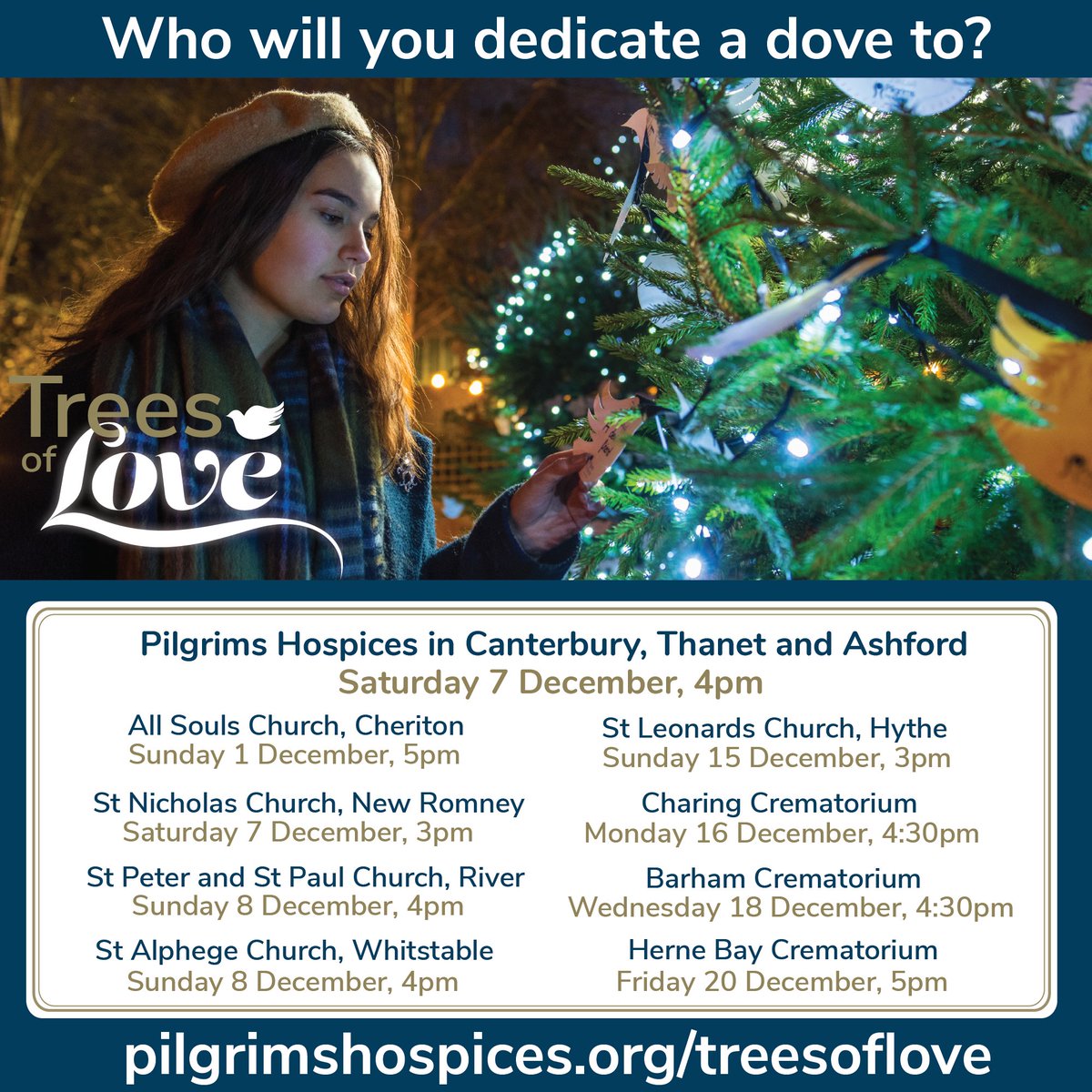 PilgrimsHospice's tweet image. There's just one month to go until #TreesOfLove begins! Dedicate a dove to someone you love and join us for a remembrance service at our hospices in #Ashford, #Canterbury and #Margate or at a special indoor venue in the community. Find out more: pilgrimshospices.org/treesoflove 🎄 💙 🕊️