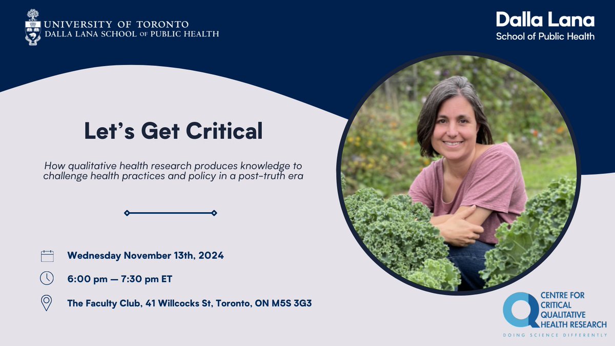 U of T Public Health (@uoft_dlsph) on Twitter photo Join us on Nov. 13 at 6pm for "Let’s Get Critical," a public lecture by Dr. <a href="/SarahAElton/">Sarah Elton PhD</a> on how qualitative health research can challenge health practices and policy in a post-truth era.
Register here: ow.ly/7R5b50TXKsn.
cc: <a href="/CriticalQual/">Centre for Critical Qualitative Health Research</a> Join us on Nov. 13 at 6pm for "Let’s Get Critical," a public lecture by Dr. <a href="/SarahAElton/">Sarah Elton PhD</a> on how qualitative health research can challenge health practices and policy in a post-truth era.
Register here: ow.ly/7R5b50TXKsn.
cc: <a href="/CriticalQual/">Centre for Critical Qualitative Health Research</a>