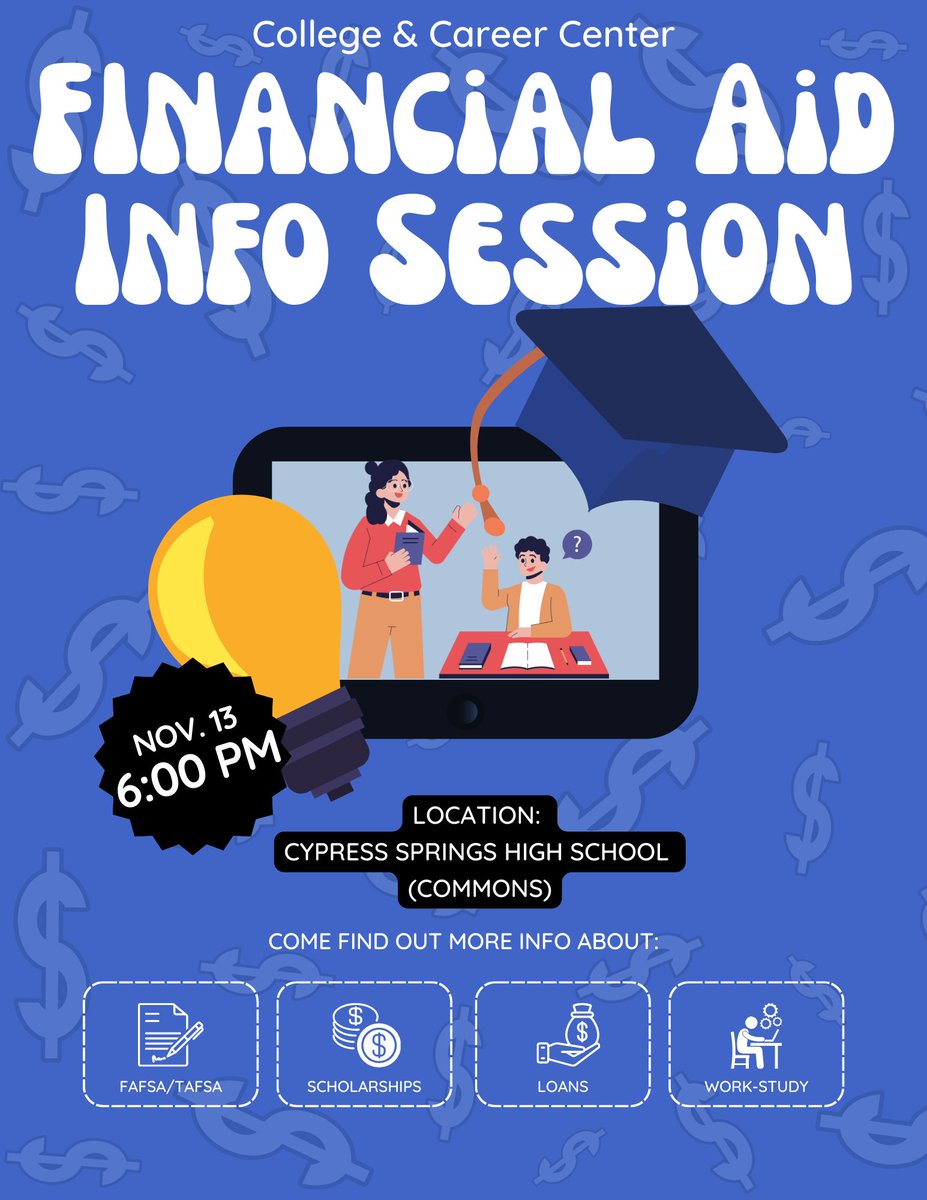 cyspringsccs's tweet image. CySprings Seniors!

The FAFSA/TASFA window will open in December. Come learn what FAFSA/TASFA is all about and learn how to get started with completing your application, and more . . .

See the attached flyer for details.