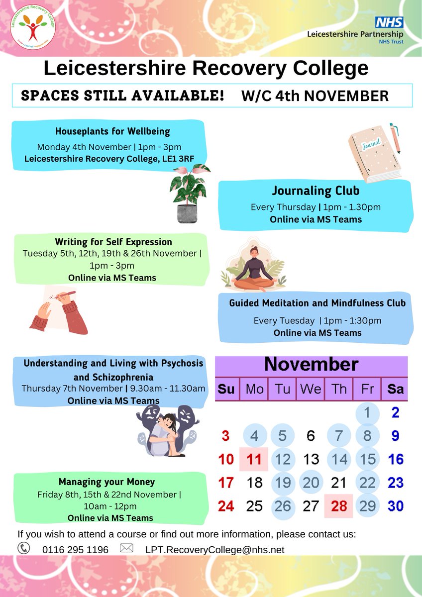 Available courses next week!

(Edit- Houseplants for Wellbeing has now been cancelled, you are welcome to join the Spring Term waiting list for this course 📷)

Please call 0116 295 1196, email LPT.RecoveryCollege@NHS.Net or leave a comment on this post 📷