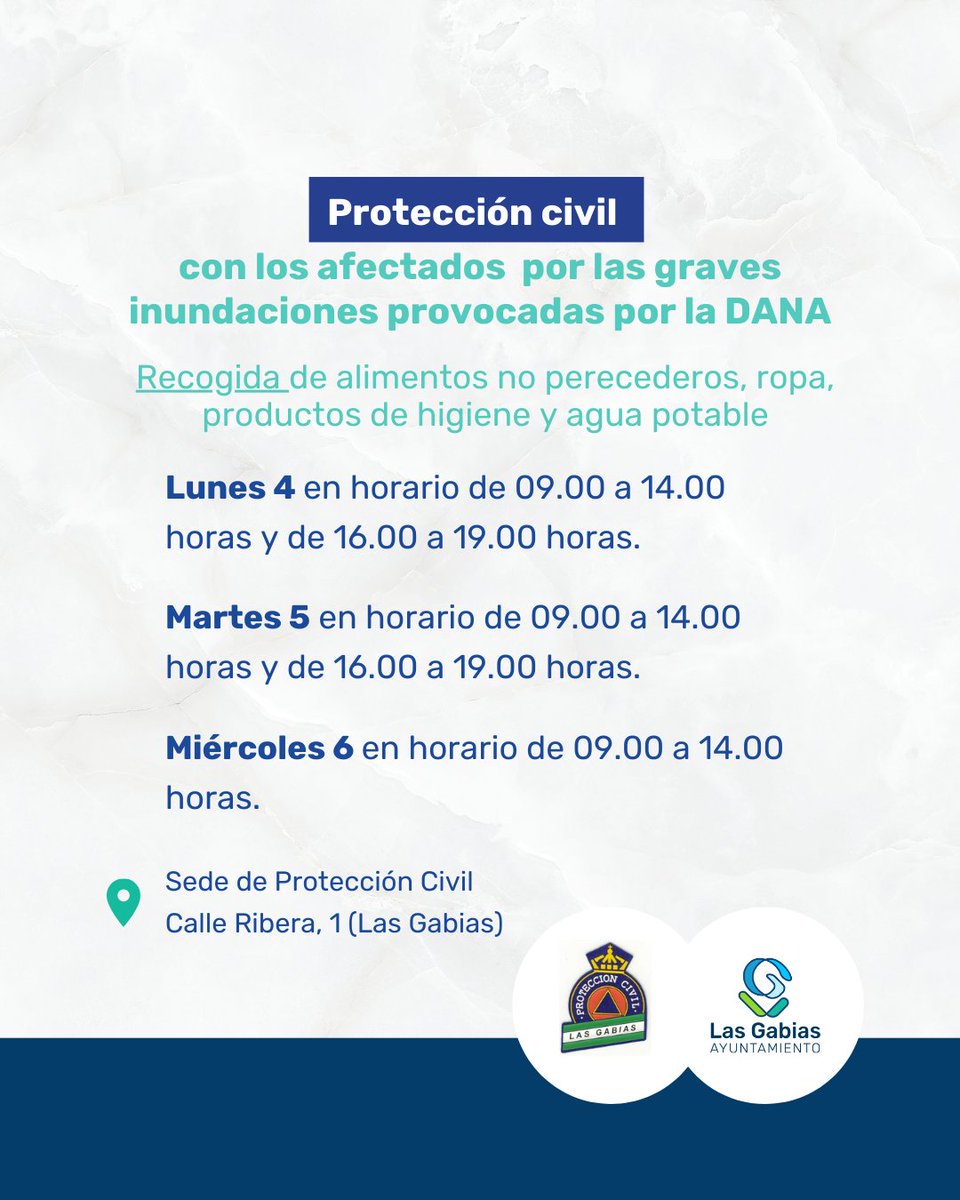 Gente de Las Gabias (Granada) y alrededores, a partir del lunes 4 y hasta el miércoles 6 se va a establecer un punto de recogida de víveres para Valencia.

Sería de gran ayuda que gente de la zona lo podáis difundir. Aportemos cada uno con lo que podamos.