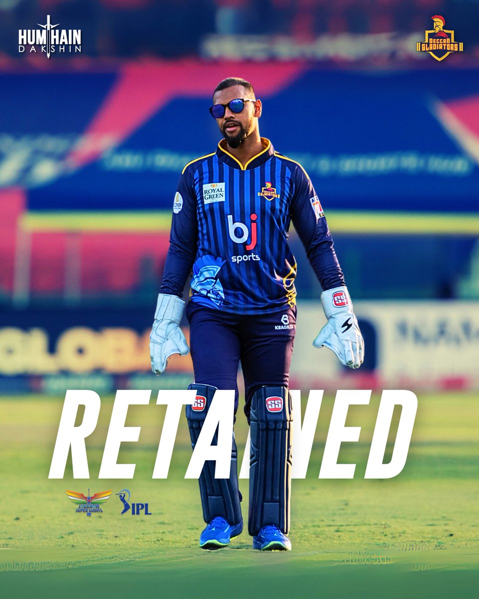 TeamDGladiators's tweet photo. Congratulations to #NickyP and #DreRuss on being retained by their respective IPL franchises 👏💫

#DeccanGladiators #KKR #LSG #IPL @KKRiders  @LucknowIPL  @Russell12A  @nicholas_47 https://t.co/2kxjCOOtMI