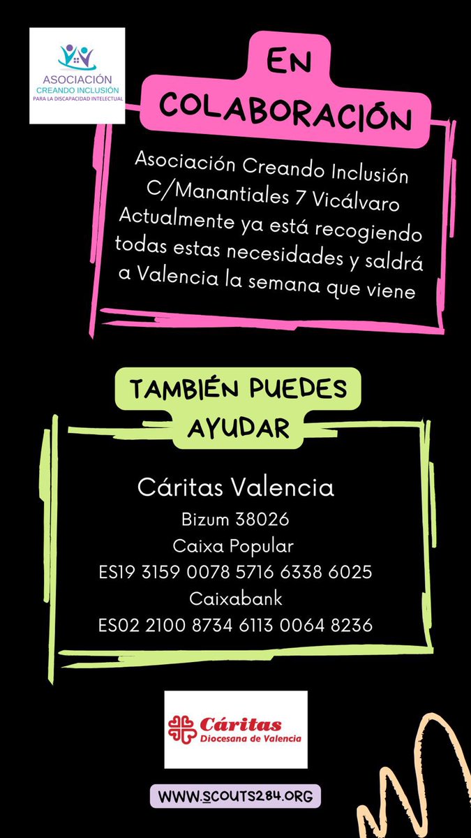 El domingo 3 de Noviembre de 17 a 20 estaremos en la parroquia recogiendo alimentos no perecederos, ropa, pañales, mantas, palas… también podéis colaborar directamente con Cáritas Valencia. Aqui tenéis toda la información 👇🏼👇🏼👇🏼