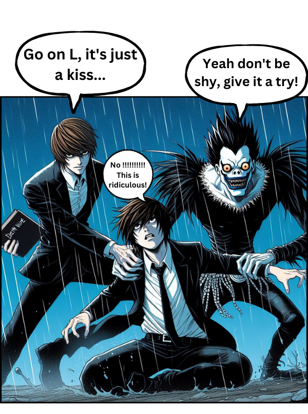 ALight Yagami and Ryuk team up to convince L Lawliet to share a kiss with Angel BB. in chapter 4 of fancomic : [The 10 Death Note Users] #DEATHNOTE