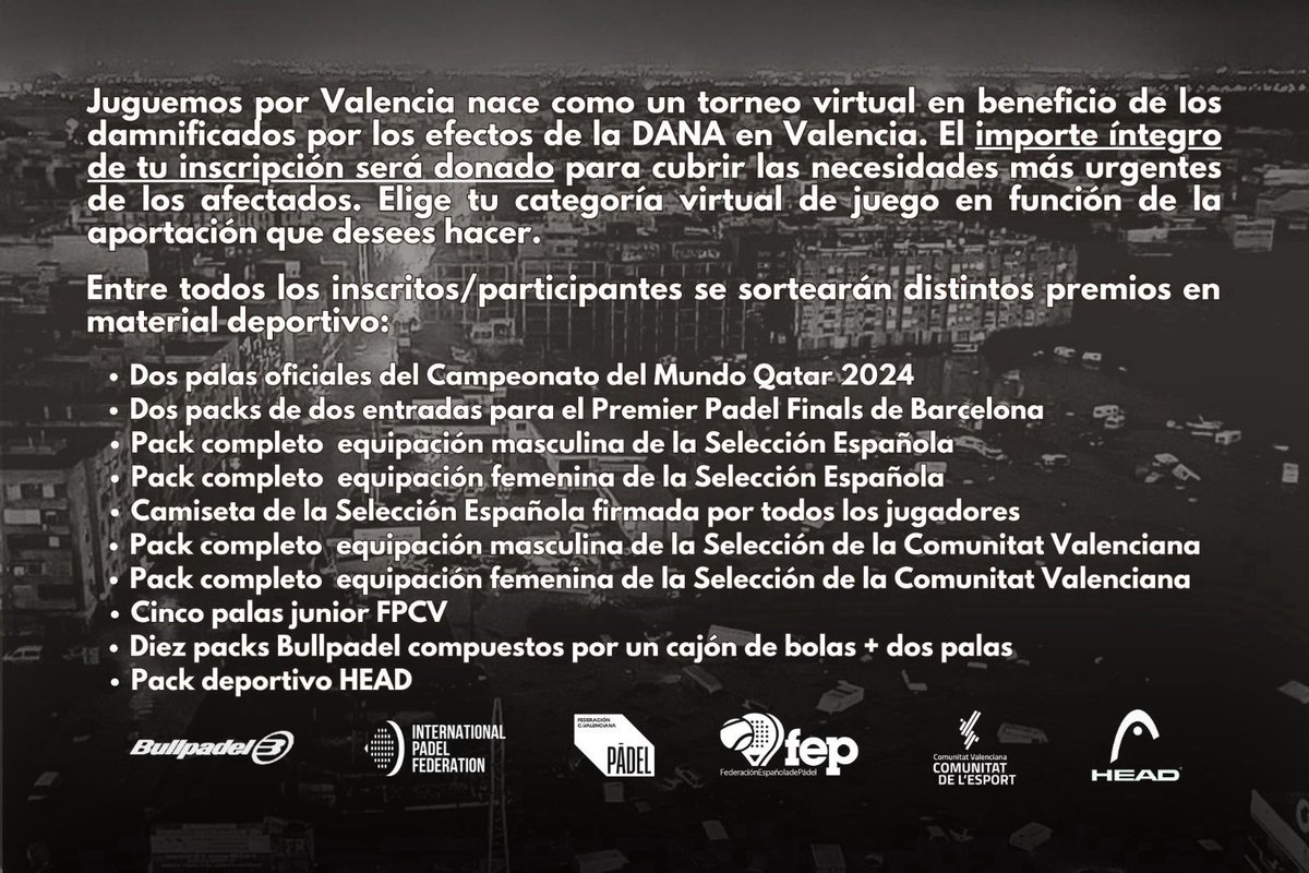 La gente del pádel seguro que responde como se merece. Torneo Solidario digital por los damnificados por la Dana. #padelsolidario #elpadelune Demos nuestro granito ....
<a href="/padelfip/">FIP - International Padel Federation</a> 
<a href="/padelfederacion/">Federación Española de Pádel</a> 
<a href="/PadelCV/">Federación de Pádel de la Comunitat Valenciana</a> 
<a href="/babolatpadel/">Babolat Padel</a> 
<a href="/bullpadelsport/">Bullpadel</a>