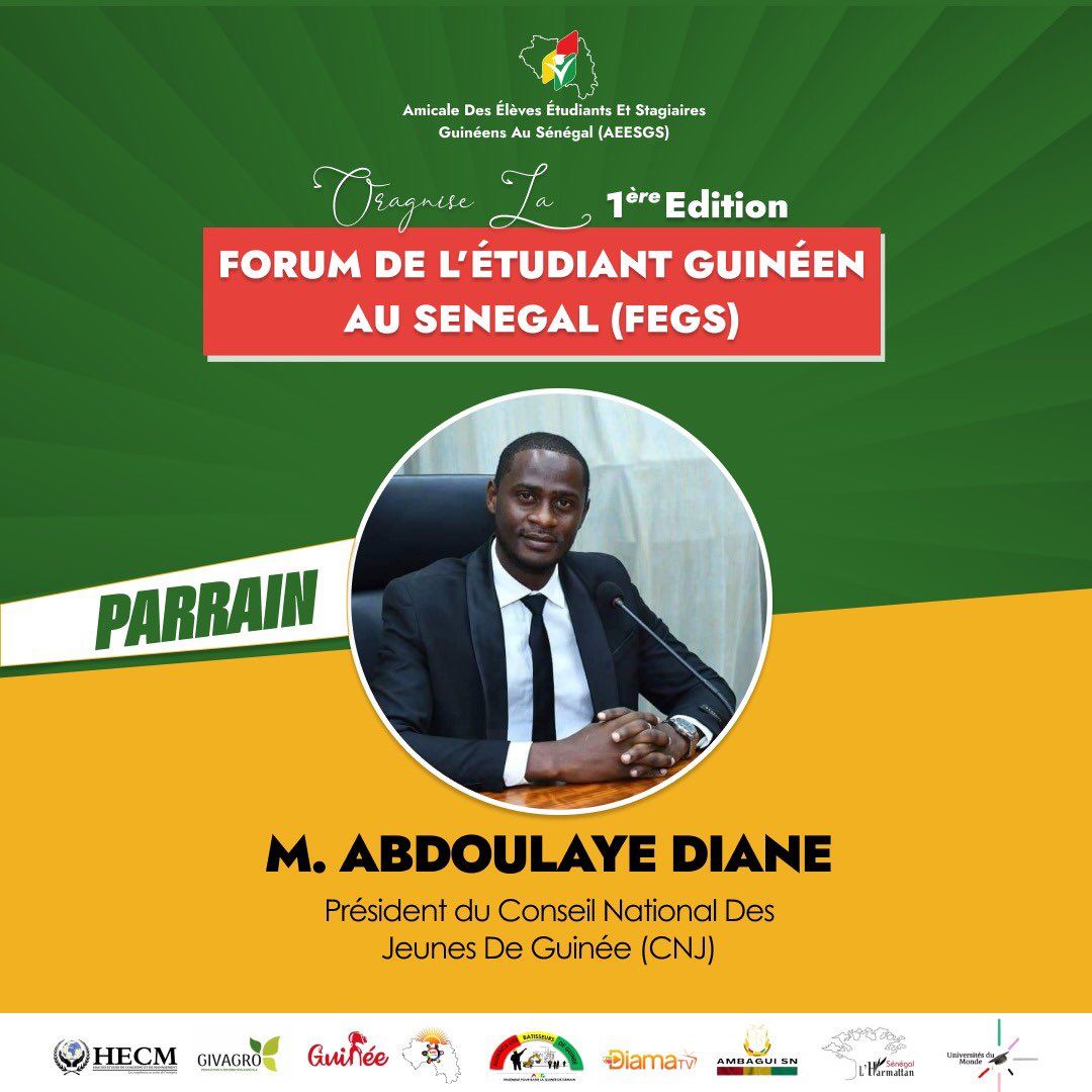 ESenega's tweet photo. Nous avons le plaisir de vous informer que M. Abdoulaye DIANE, président du Conseil National des Jeunes de Guinée (CNJ) est le parrain du #FEGS.
Rendez-vous le 2 novembre à 🕙10h chez 📍Harmattan Sénégal !
#FEGS2024
#AEESGS https://t.co/9vGXHtHYLF