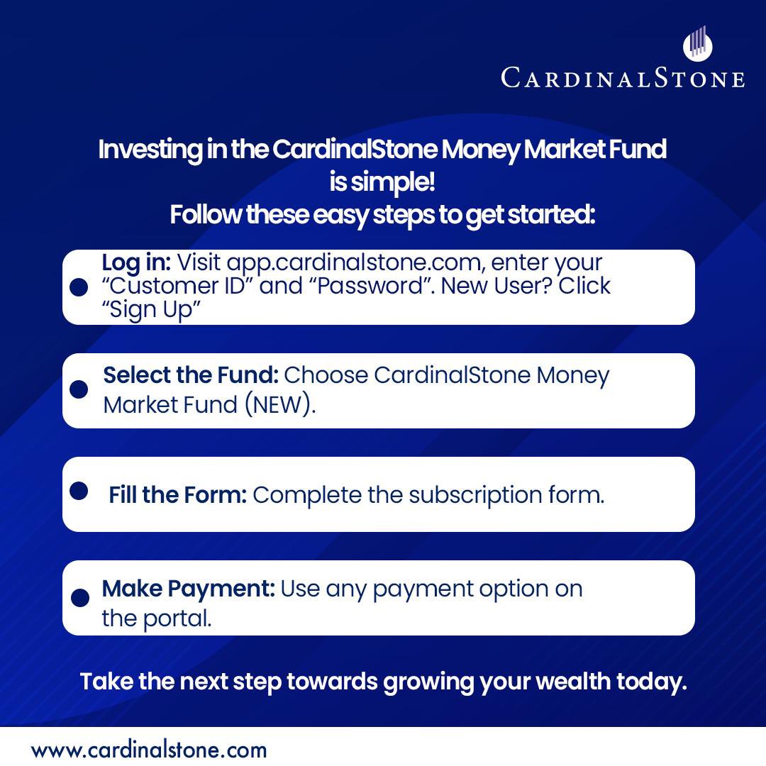 CardinalStoneNG's tweet photo. Follow these steps to subscribe for the CardinalStone Money Market Fund today!

To learn more, visit https://t.co/BeJDUotMWA and send us an email via mutualfunds@cardinalstone.com for any enquiry.

#CMMF #CardinalStone https://t.co/xf22VfmmDR