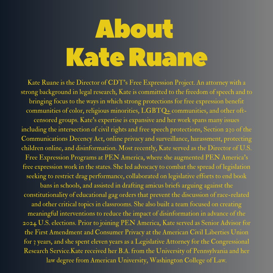 NatlSecLJ's tweet photo. Meet TikTok Takedown panelist, Kate Ruane. Ms. Ruane is the Director of the Free Expression Project at the @CenDemTech  &amp; specializes in researching how protections of expression. Join us TODAY to hear Ms. Ruane's thoughts on how free speech and national security interact. https://t.co/d24DEJ04fU