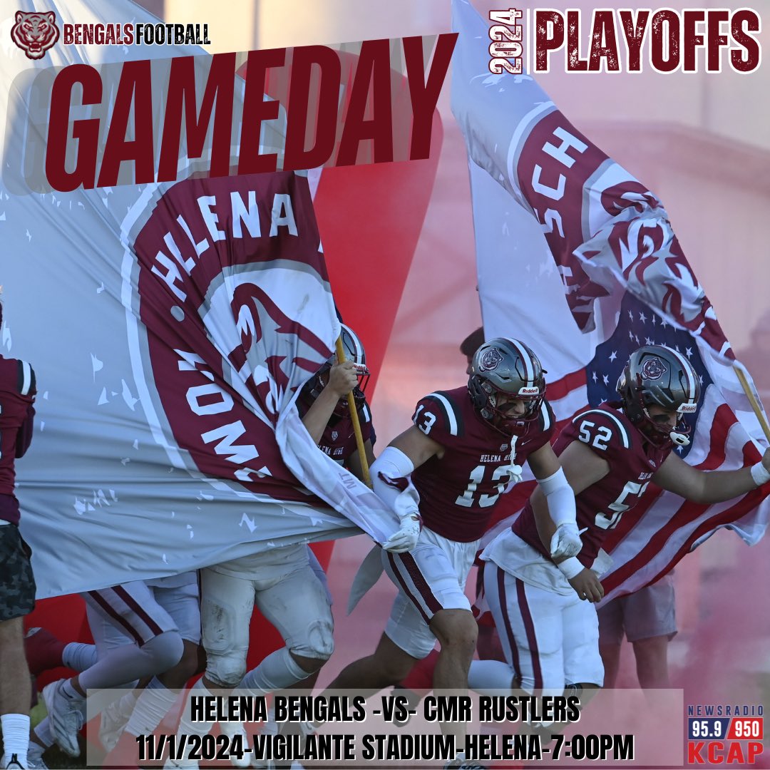Bengals, are you awake yet?!
It’s Playoff Gameday!
Your Helena Bengals are home to take of CMR at Vigilante!
🐅 Walk: 5:45 pm Billings Ave
📻 Bengals Pregame 6:45 pm
📻 KCAP 950 AM, KCAP.COM
🏈 Kickoff 7:00 pm
#mtscores