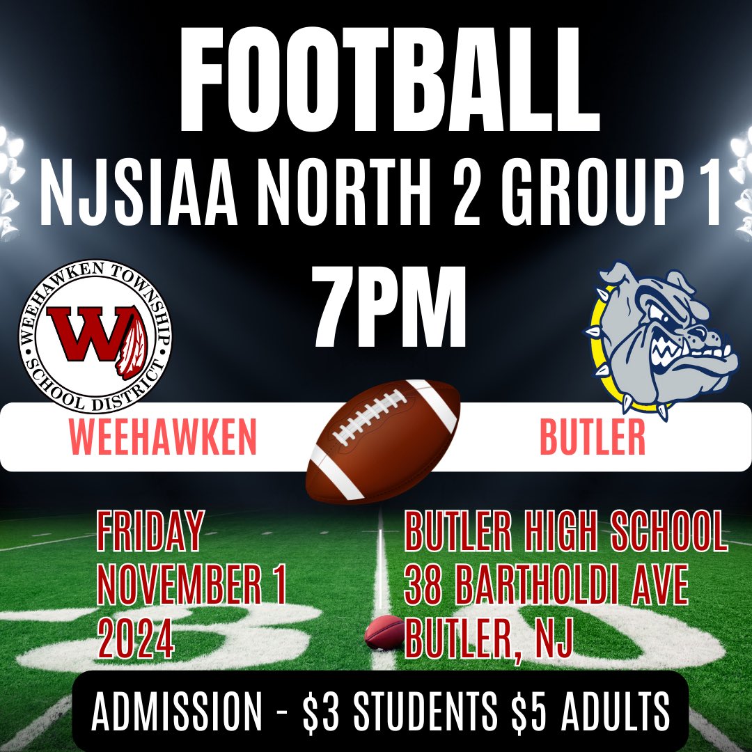Weehawken Schools (@weehawkentsd) on Twitter photo WHS vs Butler tonight in the <a href="/NJSIAA/">NJSIAA</a> state playoffs 🏈
<a href="/EricCrespoEDU/">Eric Crespo</a> <a href="/FAmato53/">Francesca Amato</a> <a href="/al_orecchio/">Al Orecchio</a> <a href="/RobFerullo4/">Robert Ferullo</a> <a href="/StefanieCirill1/">Stefanie Cirillo</a> <a href="/SuzanneMera/">Mrs. Mera</a> <a href="/DeStefanoEDU/">Dr. Nicholas DeStefano</a> <a href="/MrsCullinane/">Jacqueline Cullinane</a> <a href="/bcalligy/">Brian Calligy</a> <a href="/BriannaReganEDU/">Brianna Regan</a> <a href="/JColasurdoEDU/">Jillian Colasurdo</a> <a href="/WHSAthletics53/">Brian Fischer</a> <a href="/Coach_Campi/">Coach Campi</a> <a href="/CoachFM3/">Floyd Morris</a> <a href="/gioahmad/">Gio Ahmad</a> WHS vs Butler tonight in the <a href="/NJSIAA/">NJSIAA</a> state playoffs 🏈
<a href="/EricCrespoEDU/">Eric Crespo</a> <a href="/FAmato53/">Francesca Amato</a> <a href="/al_orecchio/">Al Orecchio</a> <a href="/RobFerullo4/">Robert Ferullo</a> <a href="/StefanieCirill1/">Stefanie Cirillo</a> <a href="/SuzanneMera/">Mrs. Mera</a> <a href="/DeStefanoEDU/">Dr. Nicholas DeStefano</a> <a href="/MrsCullinane/">Jacqueline Cullinane</a> <a href="/bcalligy/">Brian Calligy</a> <a href="/BriannaReganEDU/">Brianna Regan</a> <a href="/JColasurdoEDU/">Jillian Colasurdo</a> <a href="/WHSAthletics53/">Brian Fischer</a> <a href="/Coach_Campi/">Coach Campi</a> <a href="/CoachFM3/">Floyd Morris</a> <a href="/gioahmad/">Gio Ahmad</a>