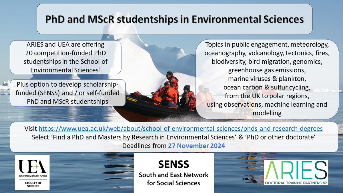 Applications are now open for 20 competition-funded PhD studentships in UEA’s School of Environmental Sciences!  🌳 ⛅️ 🌊

Plus student-led, scholarship-funded applications in the environmental social sciences.
uea.ac.uk/about/school-o…

Deadlines from 27 November 2024.

#uea #PhD