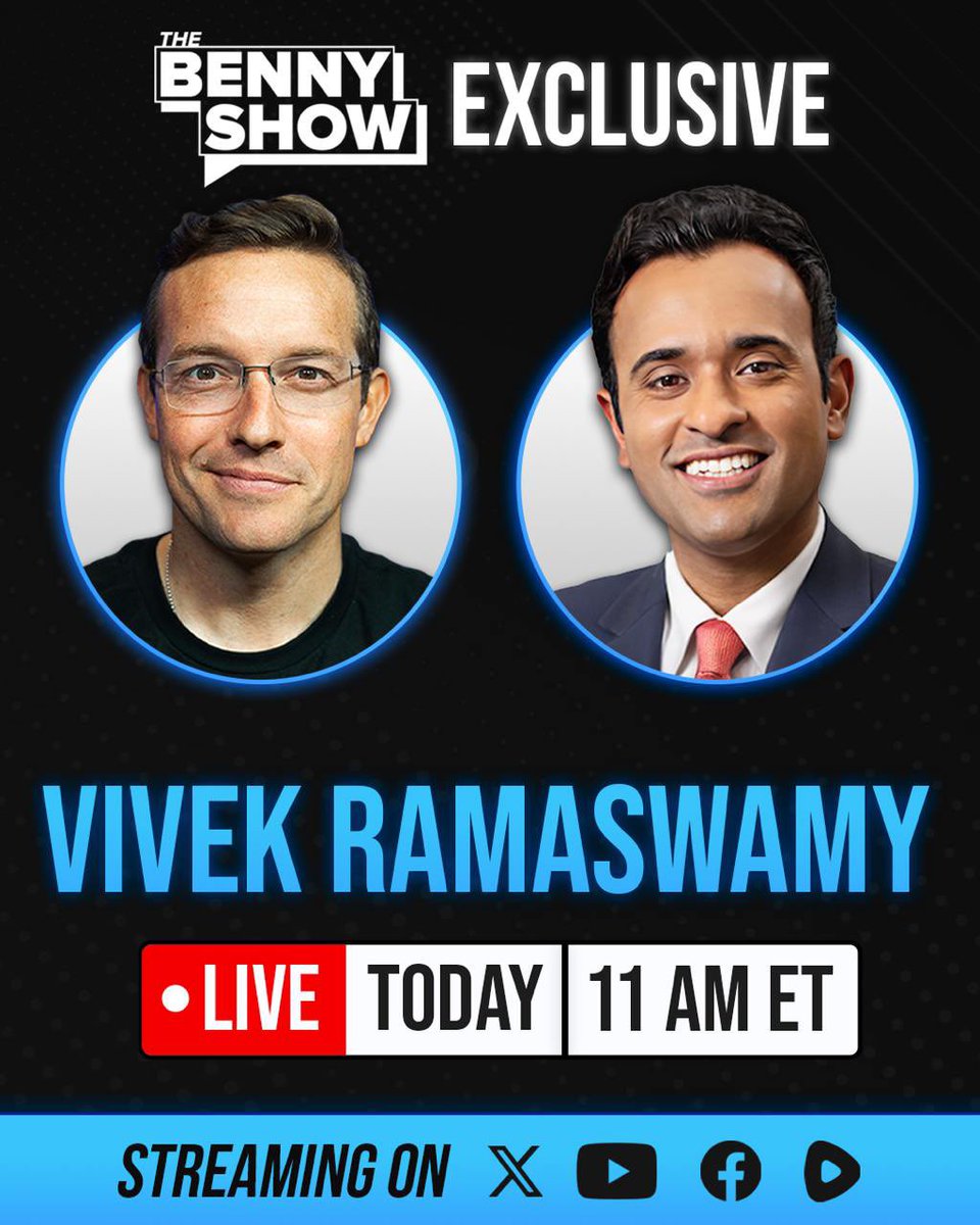 bennyjohnson's tweet image. This morning on The Benny Show, we’ll be joined by @VivekGRamaswamy to discuss the state of the race ahead of next week’s election.

TUNE IN 11:00am ET youtube.com/@bennyjohnson