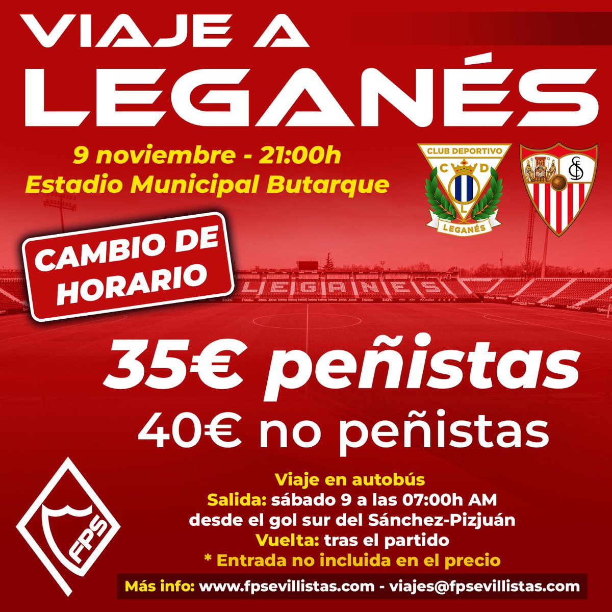 🔊‼️ CAMBIO DE FECHA del viaje a Leganés

Toda la información en fpsevillistas.com/federacion/cam…

Para cualquier duda, contactar con viajes@fpsevillistas.com