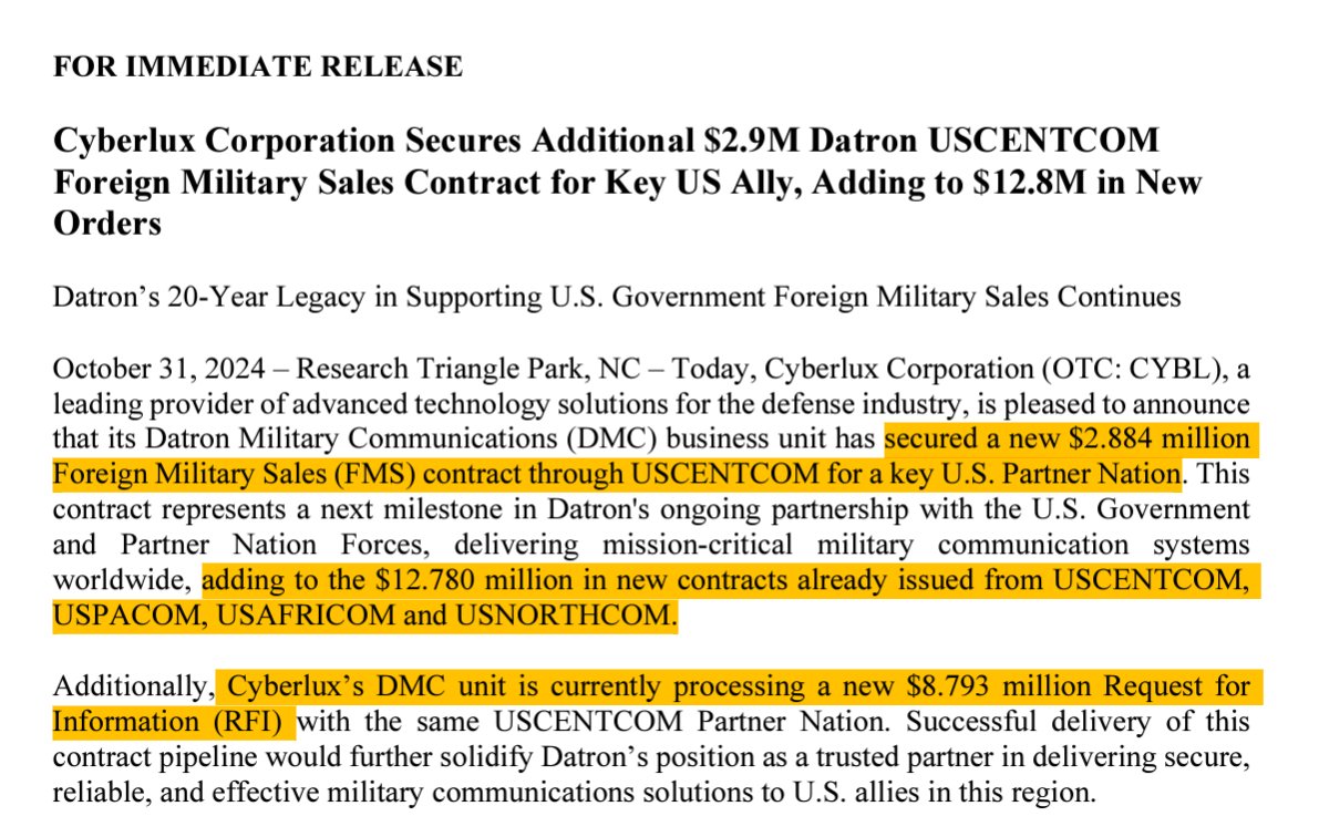 WTF_OS's tweet photo. ICYMI - $CYBL @CyberluxC #CyberluxDefense #Datron announced a $2.9M USCENTCOM Foreign Military Sales Contract for Key US Ally. They are also processing a new $8.793M RFI with the same USCENTCOM Partner Nation.
This, on top of the $12.780M in new contracts already issued.
Add in the recently announced $22.7M GIS Contract Award to be detailed in Q3 filings (due 11-14-23). @MDSAdvisor & @BillMaadar60848 are doing incredible things.
https://t.co/nASPVzAZFR via @OTCMarkets