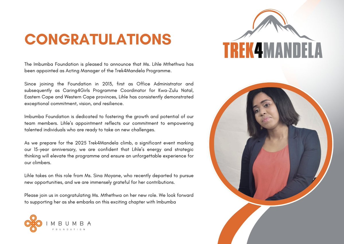Vision2020_IF's tweet image. We would like to Congratulate Ms. Lihle Mthethwa who has been appointed as Acting Manager of the Trek4Mandela Programme.

We look forward to supporting her as she embarks on this exciting chapter with Imbumba.

#MakeADifference
#Trek4Mandela