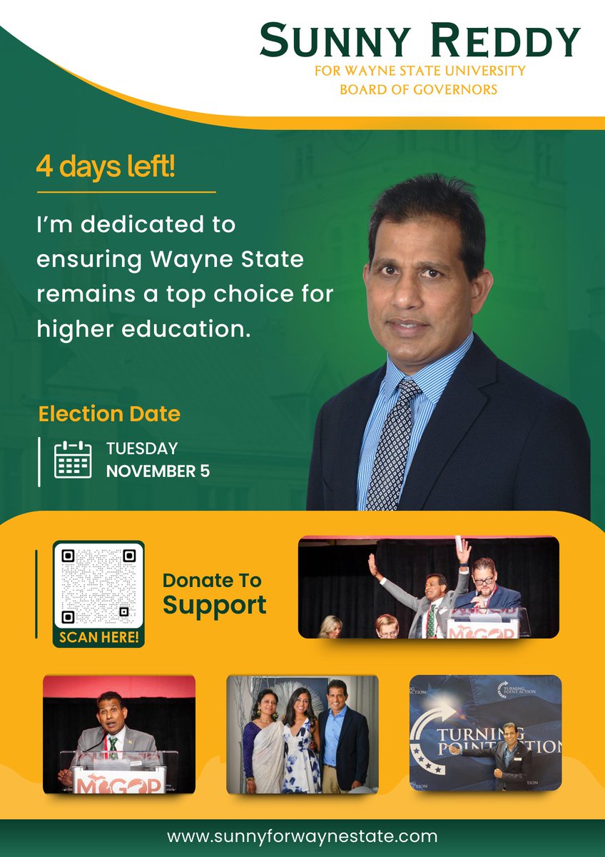 Sunnyforwsu's tweet photo. I am running for the Board of Governors at Wayne State University to support quality education for all. Together, we can create opportunities for every student to succeed. Make your voice heard vote on November 5!
#4DaysRemaining #SunnyReddy #WayneState #BoardOfGovernors #EducationForAll #QualityEducation #VoteNovember5 #StudentSuccess #EmpowerEducation