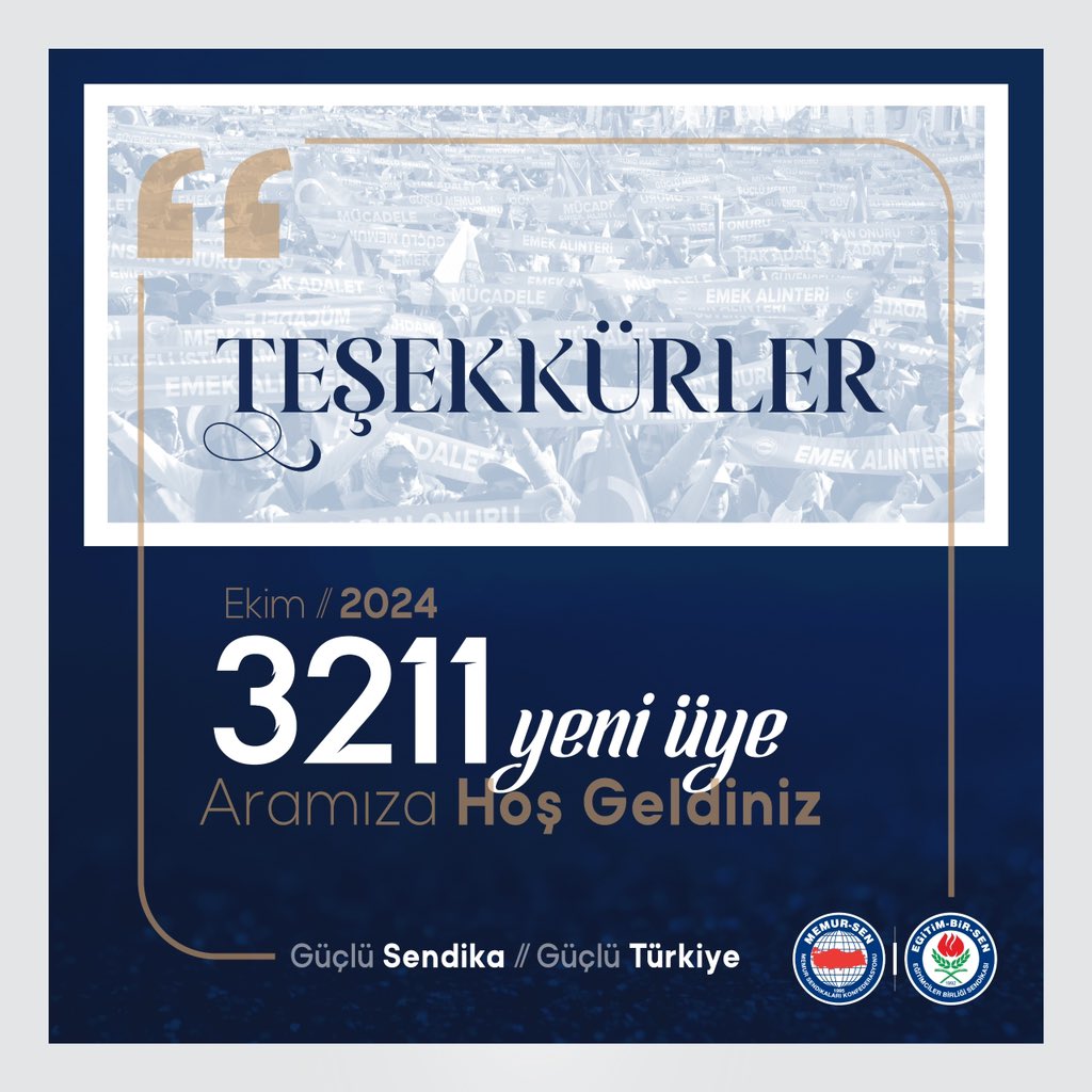 _aliyalcin_'s tweet photo. T  E  Ş  E  K  K  Ü  R  L  E  R
2024 Ekim | 3.211 | Yeni Üye

Sendikamıza üye olarak bir elin ataleti yerine iki elin bereketini seçen, örgütlü gücümüze güç katan 3.211 yeni üyemize “hoş geldiniz” diyor, büyük bir özveriyle sahada ter akıtan teşkilatlarımızla gurur duyuyorum. 

Allah üyelerimizi var, teşkilatımızı bahtiyar, memleketimizi payidar etsin.

#GücümüzÖrgütlülüğümüz