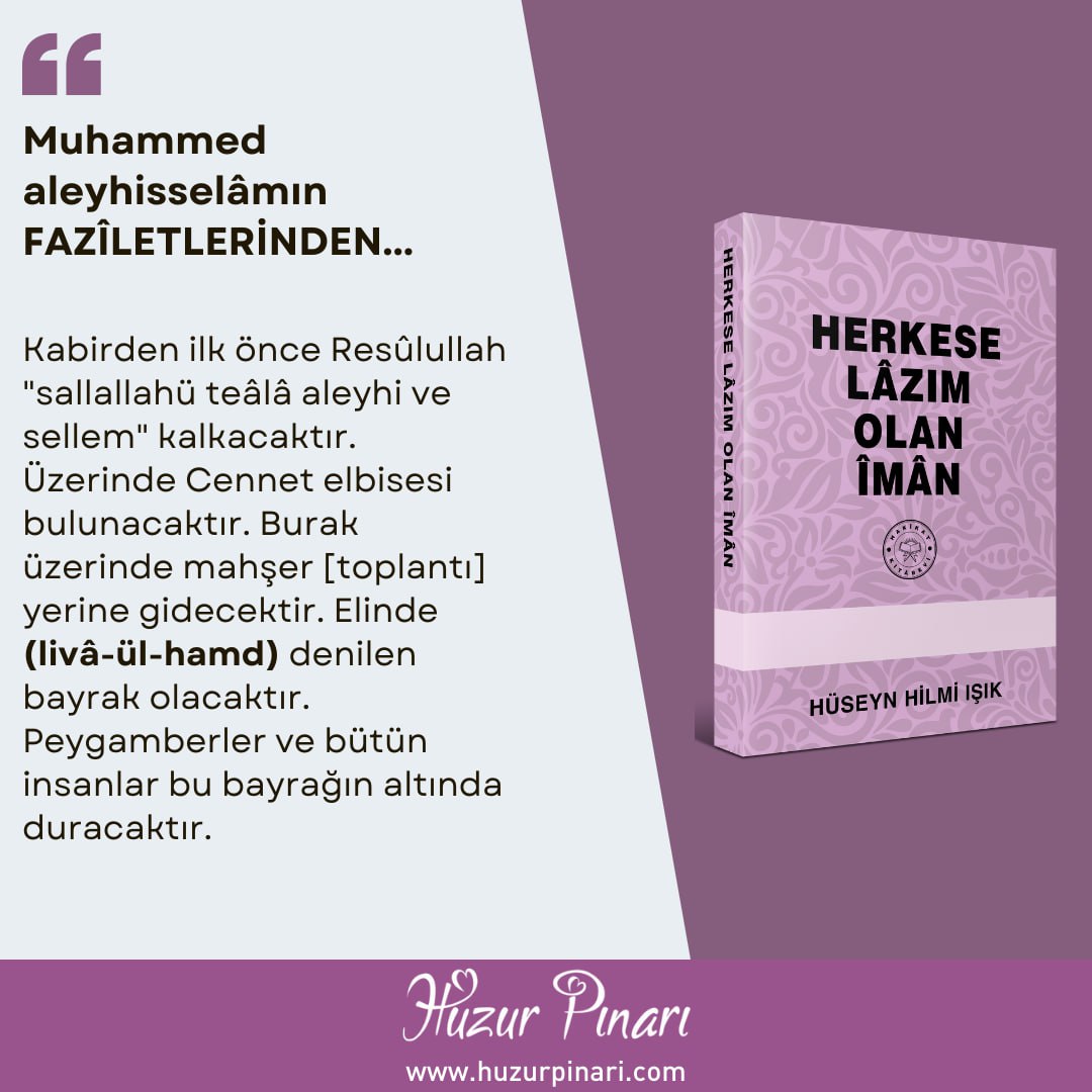 Huzurpinaricom's tweet photo. MUHAMMED ALEYHİSSELÂMIN FAZÎLETLERİ – 18

83-Kabirden ilk önce Resûlullah "sallallahü teâlâ aleyhi ve sellem" kalkacaktır. Üzerinde Cennet elbisesi bulunacaktır. Burak üzerinde mahşer [toplantı] yerine gidecektir. Elinde (livâ-ül-hamd) denilen bayrak olacaktır. Peygamberler ve bütün insanlar bu bayrağın altında duracaktır. Hepsi, bin sene beklemekten, çok sıkılacaklardır. Önce Âdem, sonra Nuh, sonra İbrâhîm ve Mûsâ ve Îsâ peygamberlere "aleyhimüssalevâtü vetteslimât" gidip, hesaba başlanması için şefaat etmelerini dileyeceklerdir. Her biri, birer özür bildirerek, Allahü teâlâdan utandıklarını, korktuklarını söyliyecekler, şefaat edemiyeceklerdir. Sonra, Resûlullaha gelip yalvaracaklardır. Secde edip, duâ edecek ve şefaati kabûl olacaktır. Önce, Onun ümmetinin hesabı görülecek, önce sırâttan geçecekler ve Cennete gireceklerdir. Her gittiği yeri nûrlandıracaklardır. Fâtıma "radıyallahü anhâ" sırâttan geçerken (Herkes gözlerini kapasın! Muhammed aleyhisselâmın kızı geliyor) denecektir.

Herkese Lazım Olan Îmân
https://t.co/emcq7vctUu

Huzur Pınarı
https://t.co/5Nh9GmMWJt