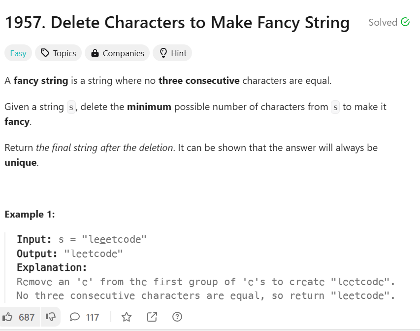 xcode545's tweet photo. 🎉 Today’s #LeetCode POTD tackled! 'Delete Characters to Make Fancy String' - nailed it on my second try! 💪 Just a little fancy string magic with prev &amp; prev2 to avoid triple trouble 😂 #CodingLife #Java
Btw, Happy Diwali Guys... 🪔💻 https://t.co/9qL28zV7ka