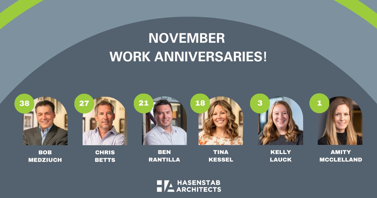 We're celebrating our November work anniversaries at Hasenstab!  Congratulations and thank you to Bob Medziuch (38), Chris Betts (27), Ben Rantilla (21), Tina Kessel (18), Kelly Lauck (3) and Amity McClelland (1) for your years of hard work!  
#workanniversary #lovewhereyouwork