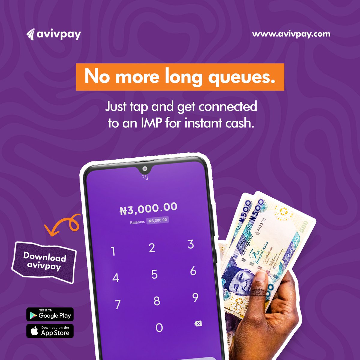 avivpay's tweet photo. Skip the ATM lines! 

Get cash instantly by connecting with your nearest IMP on avivpay. #InstantCash #avivpay #earning #friday #fintech https://t.co/AYszZv5sjV